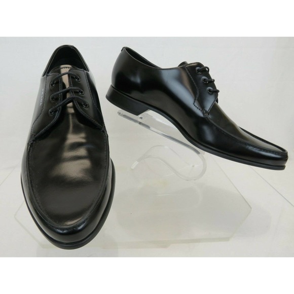 PRADA 2EC124 BLACK POLISHED LEATHER POINTED TOE LACE UP LOGO OXFORDS 11 US 12 main image 5